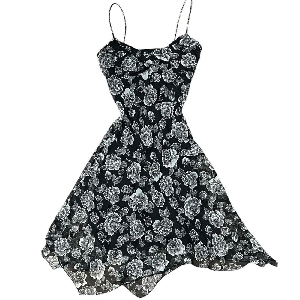 VTG Y2K B Darlin Black & Grey Floral Rose Pattern Ruffle Fairy Midi Dress 7/8